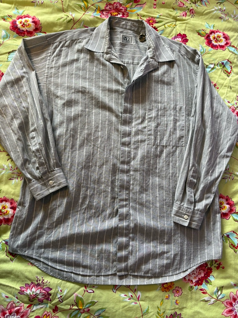 V2 by Versace gray white stripe button down shirt Size 16½ 32x28 22” arm length